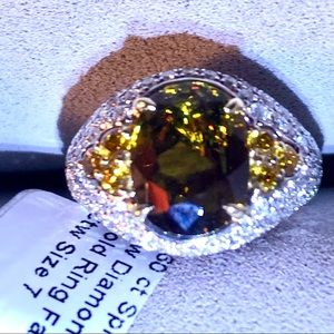 4.60 ct Brown Sphene, .32ctw Fancy Orange -Yellow Dias. 1.57 ctw dias pave Ring
